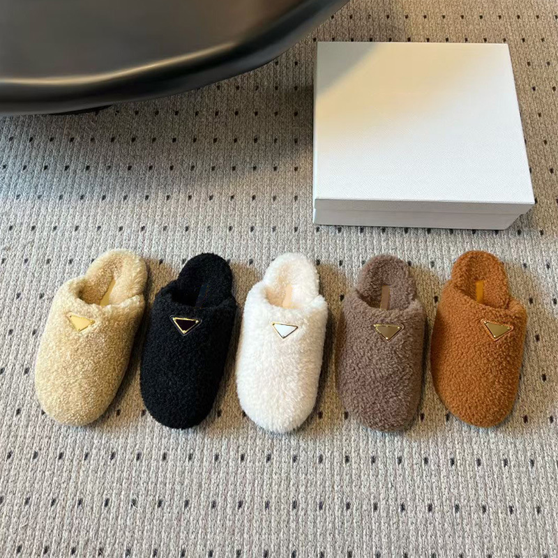 In-Stock Snow Boots Slippers Furry Shoes for Women Winter Outdoor Triangular Logo Plush Warm Slip-On Cotton Shoes for Women