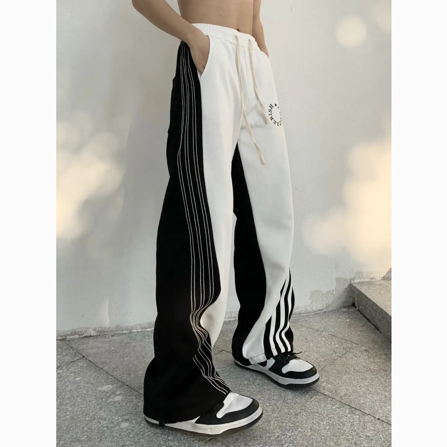 American Style Street Side Irregular Stitching Striped Casual Pants Loose Wide Leg Straight High Street Fashion Brand Sports Pants