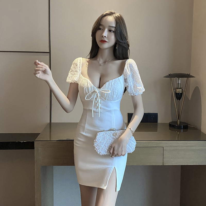 Nightclub Women's Low-cut Waist Split Hip Skirt Lace Stitching Tight Women's Skirt Night Dress Technician's Dress