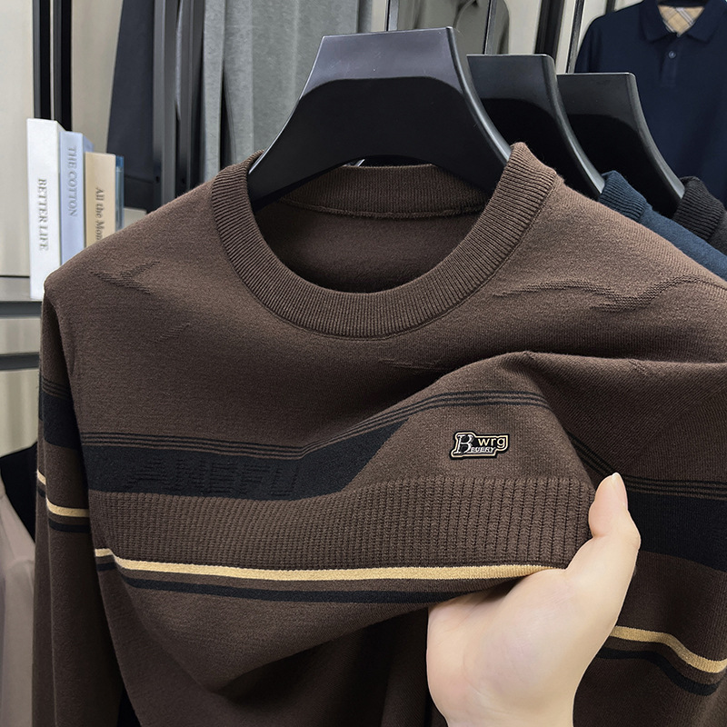 2025 Autumn New Round Neck Sweater Men's Business Casual Jacquard Sweater Middle-Aged Easiest for Match Knitted Bottoming Shirt Top