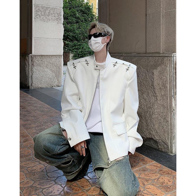 Handsome High-end Men's cleanfit Short Shoulder Pad Jacket oversize Metal Hidden Button Bomber Jacket