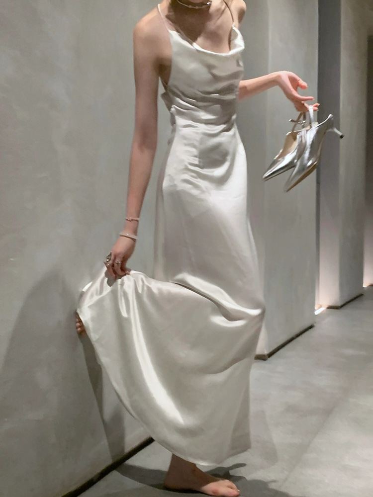 Back Cross Swing Collar Suspender Summer New High-end Satin Sexy Backless French Style Acetate Dress for Women