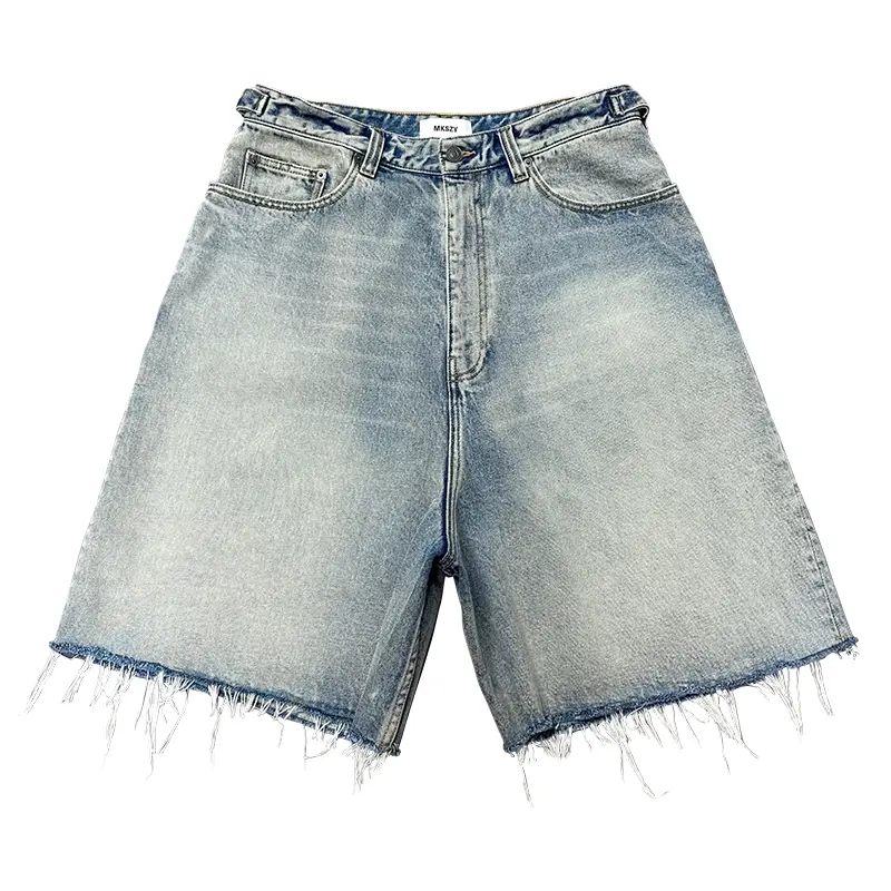 Mkszy Paris 16oz Okayama Light Blue Skater Raw Edge Frayed Distressed Denim shorts Men's Baggy Version
