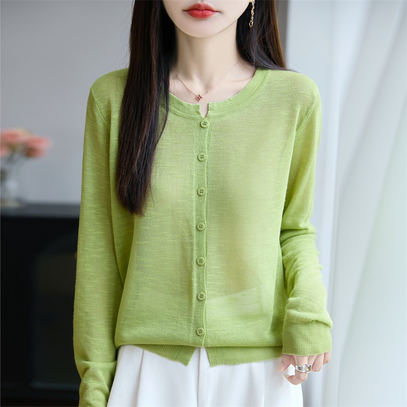 Cool and Slightly See-Through Bamboo Linen Ice Silk Knitted Cardigan for Women 2025 New Long-Sleeved Sun Protection Clothing with Air-Conditioned Shirt Top