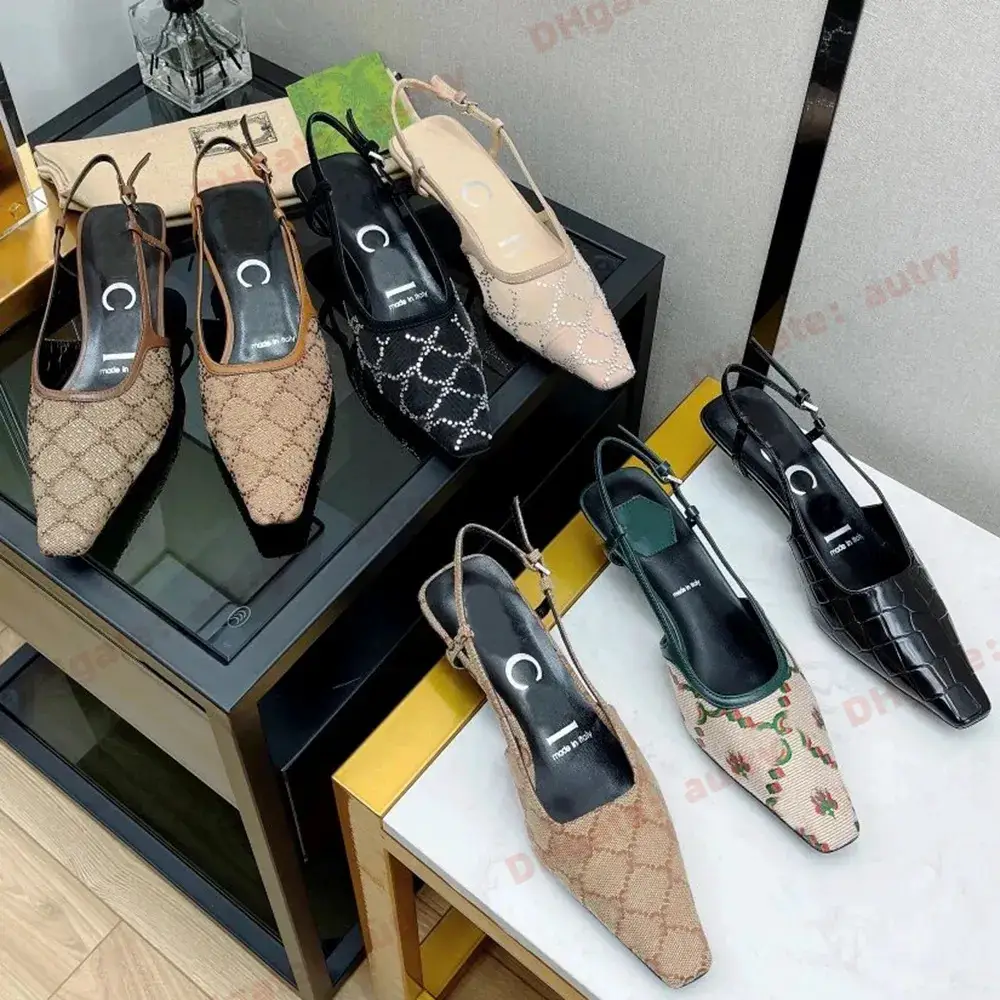 In-Stock High Version g Brand Small Square-Toe Sandals with Thin Heels, High Heels, Closed-Toe Low Heels, Genuine Leather, Pure Original Print French Women's Shoes