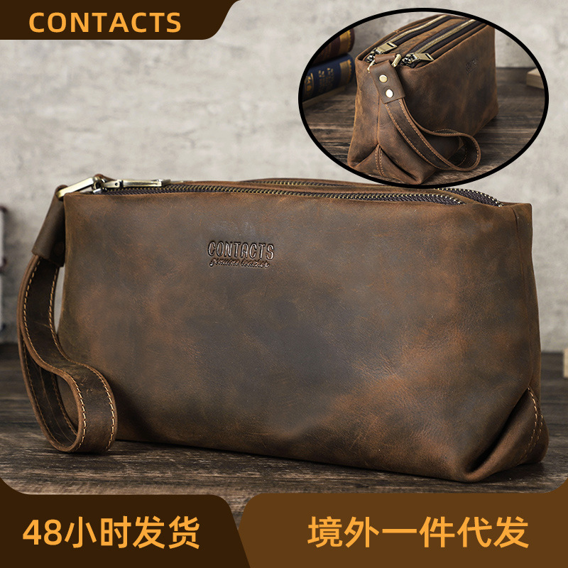 Black Angel Retro Crazy Horse Leather with Wristband Toiletries Bag Multifunctional Storage Cosmetic Bag Foreign Trade Genuine Leather Clutch