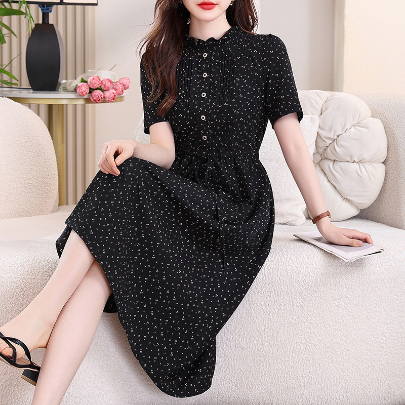 Brand Black Polka Dot Silk Dress for Women 2026 New Summer Style Light Luxury High-End Fashion Waist-Cinching for Petite Figures