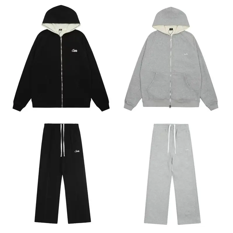 Alcatraz Corteiz Embroidered Letter Patch Fleece-Lined Zip-Up Casual Hoodie and Pants Set Ins