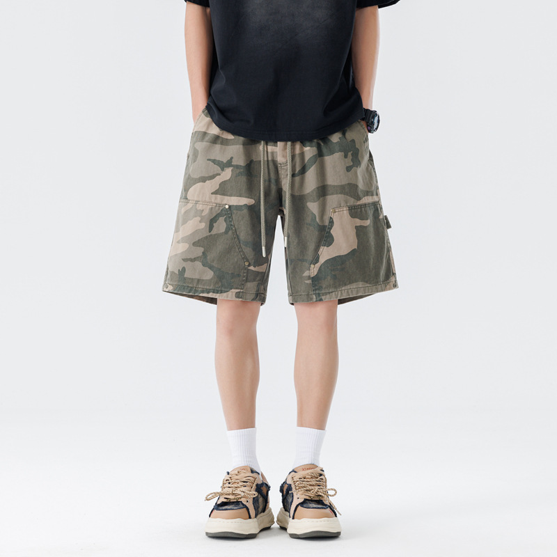 American High Street Pure Cotton Workwear Camouflage Casual Shorts for Men, Summer Trendy Retro Studded Loose Drawstring Five-Point Pants
