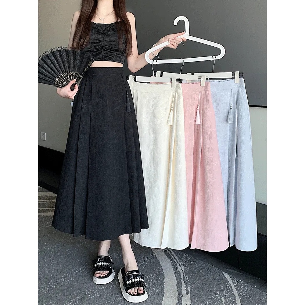New Chinese Style Jacquard Skirt for Petite Figures, Elastic Waist, Elegant and Slimming, Modified Pleated Skirt Trendy