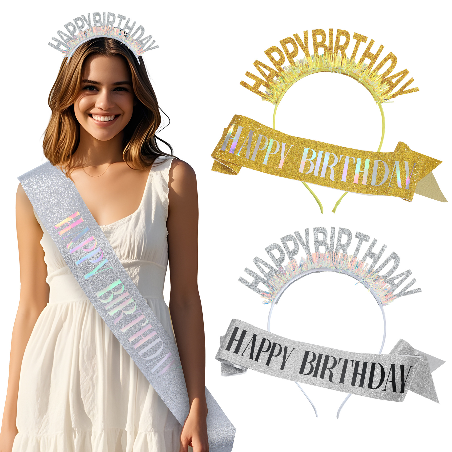 New Birthday Glitter Headband Shoulder Strap Etiquette Belt Set Happy Birthday Headwear Hair Accessories Party Decoration