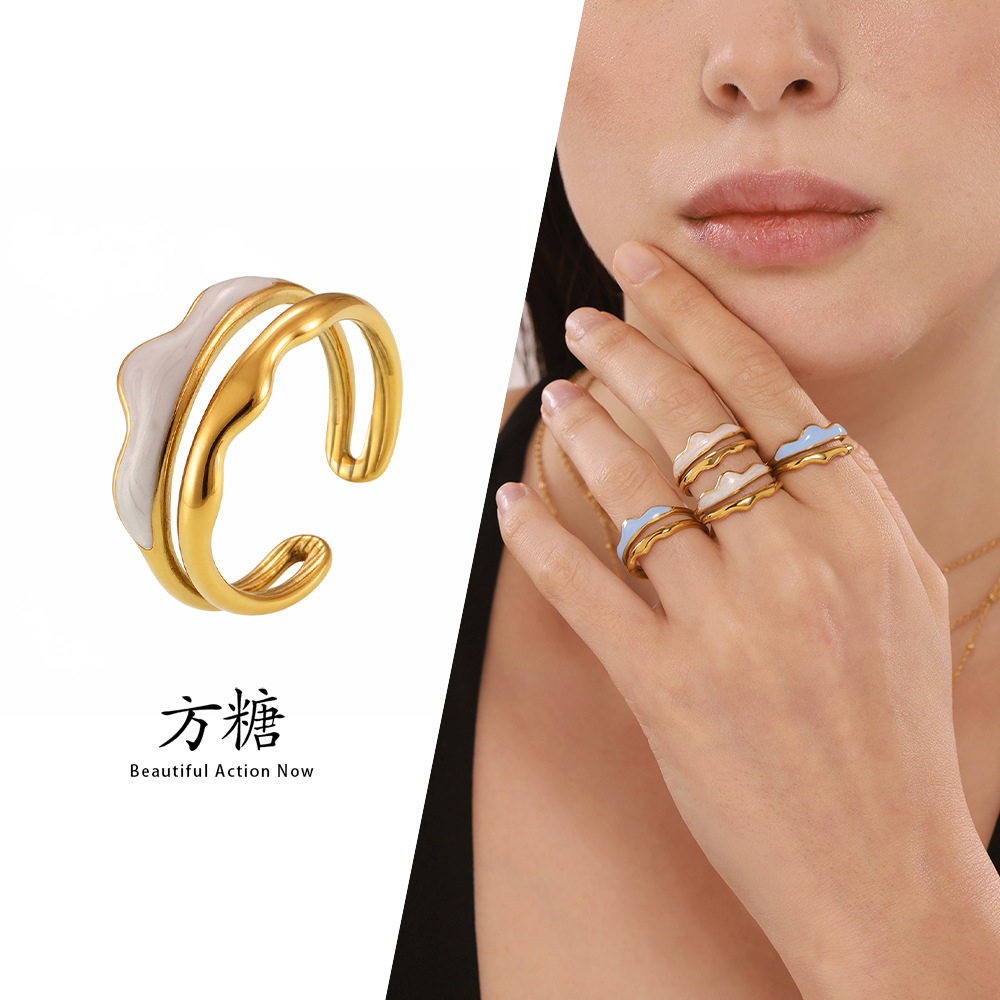 Sugar Personality National Fashion Jewelry Mountain Style Jewelry Weight Color Glaze Double Layer Stacked Wear Wind Titanium Steel Opening Ring for Women