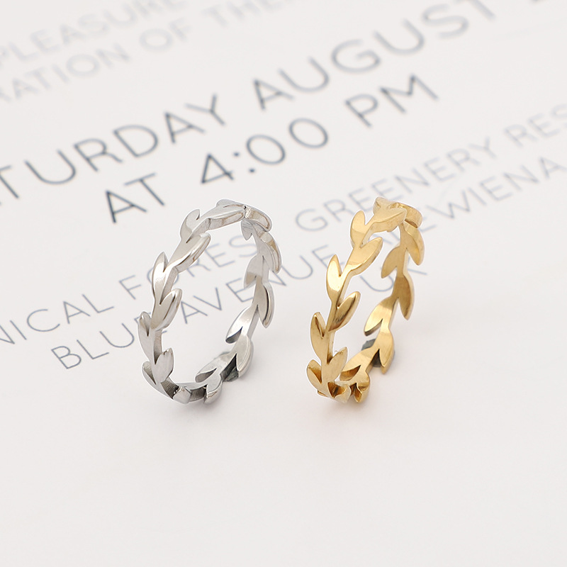 Fashionable Small Fresh All-match Leaf Titanium Steel Ring 18k Gold Stainless Steel Index Finger Cutting Rattan Willow Branches Female Personality