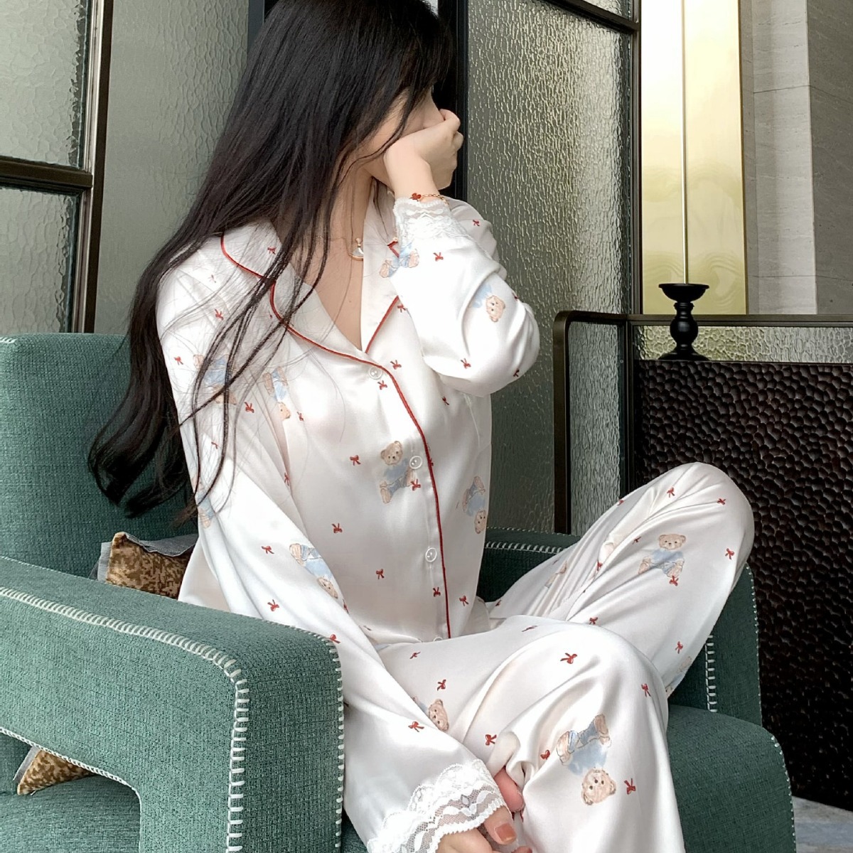 [Gummy Bear] Autumn New Long Sleeve Pants Pajamas Cartoon Bear Home Clothes Cute Girl Ice Silk