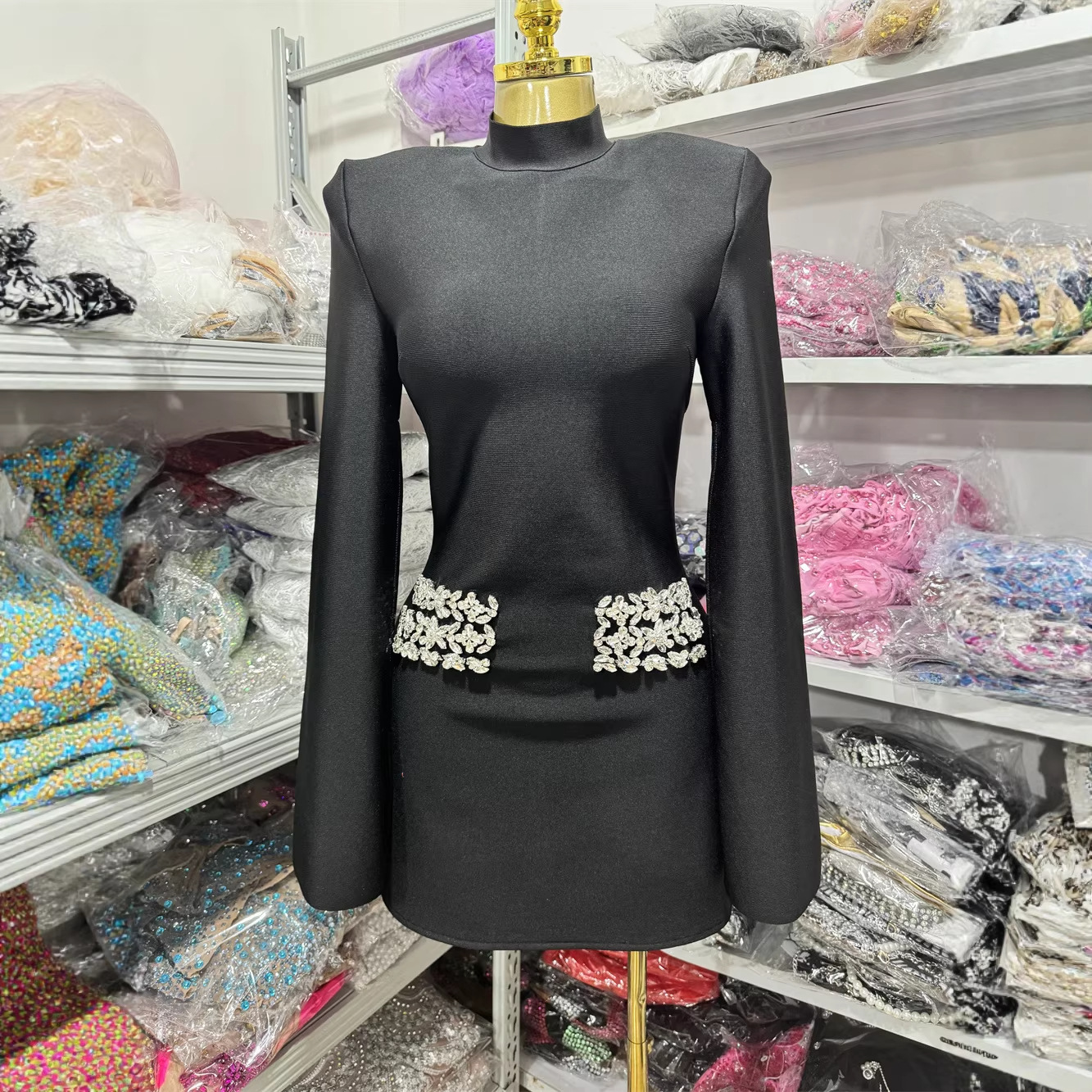 2025 New Cross-Border European and American Style Black Dress Amazon Foreign Trade Women's Fitted A-Line Midi Dress