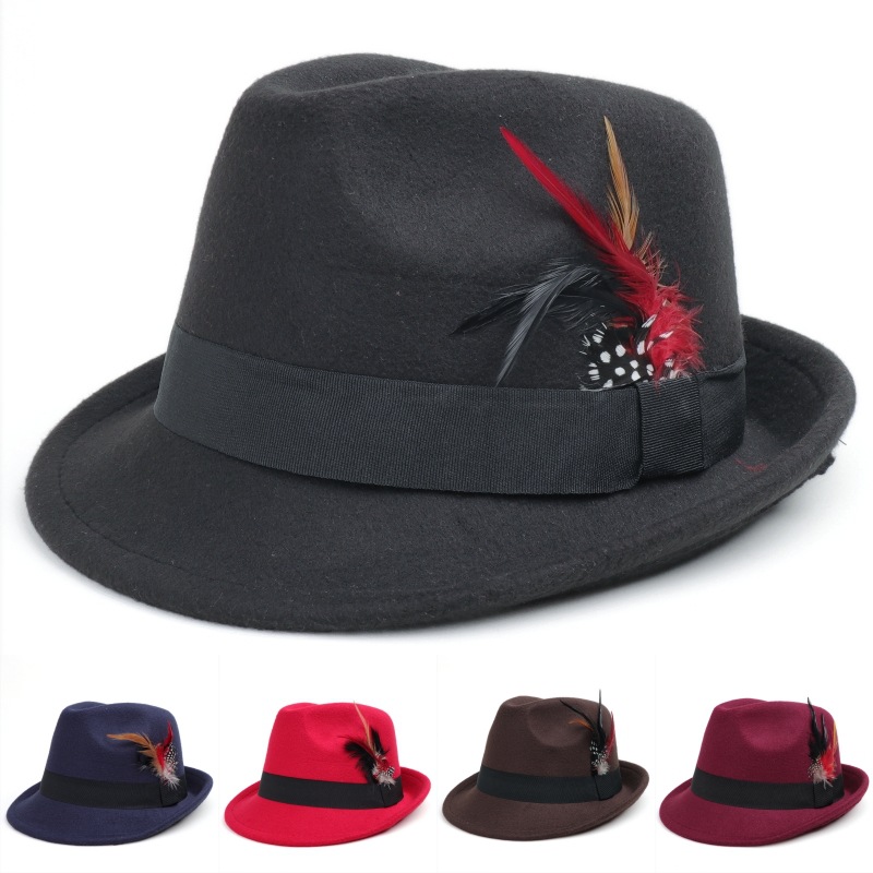 European and American Cross-Border New Colorful Feather Hat for Men and Women, Fashionable Felt Hat, Versatile Gentleman Hat, Retro Jazz Hat