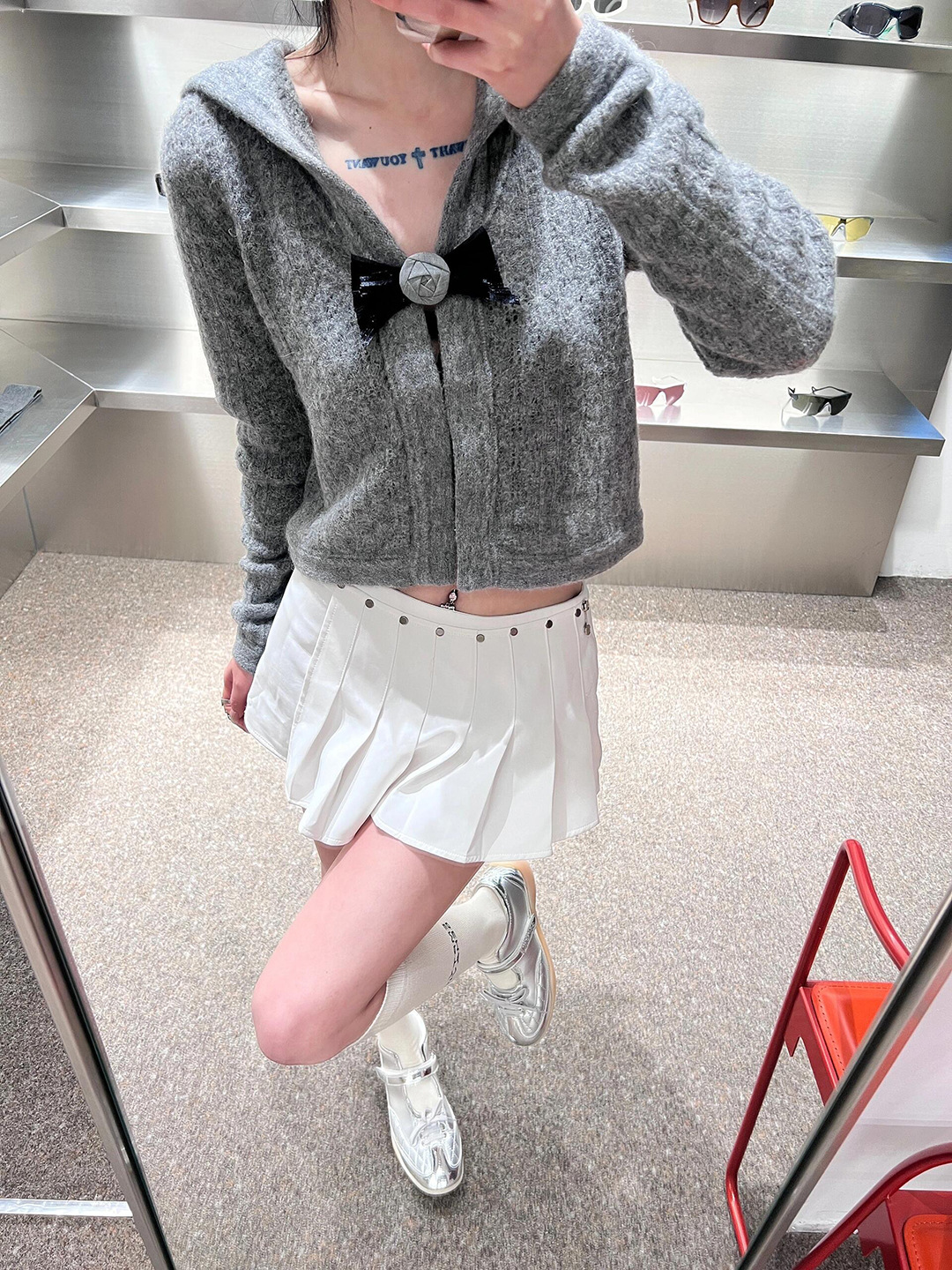 [Clearout No Returns/Exchanges] Wool Knitted Cardigan Navy Collar Removable Bow Gray Commuting Sweater