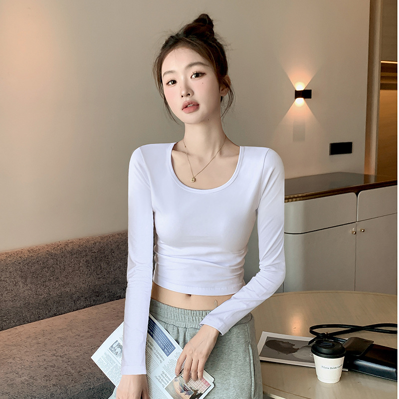 New Style Petite Pure Cotton Base Shirt for Women, Spring and Autumn, Simple Slim Fit, Cropped T-Shirt for Layering, Long-Sleeved Base Shirt