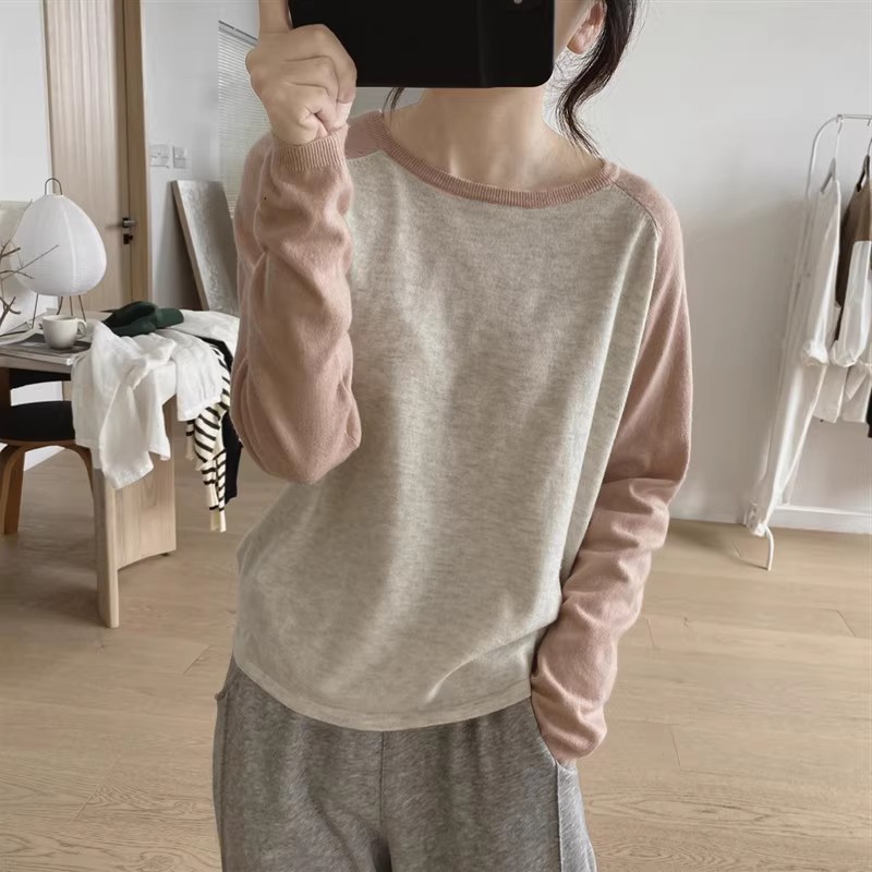 Delicate! 100 Wool Color-Blocked Sleeves Round Neck Raglan Long-Sleeved Loose Knitwear Women's Versatile Pullover Knitwear Top