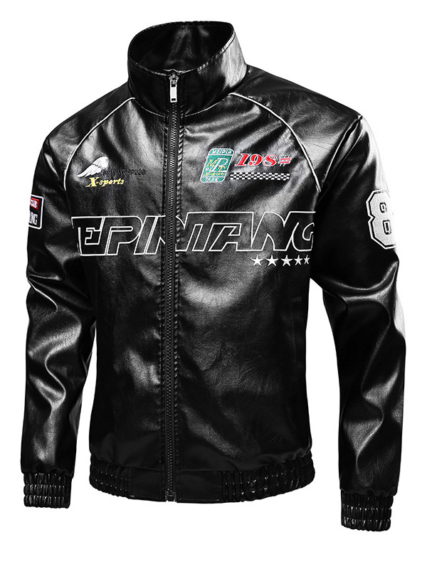 Cross-Border European Size Men's Leather Jacket with Stand Collar, Motorcycle Style Pu Leather Jacket, Trendy Embroidered American-Style Cool Casual Outerwear