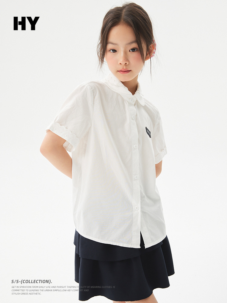 Girls' Pure Cotton Shirt 2026 Summer New Korean Style Casual Children's Clothing Top for Older Kids, Thin Short-Sleeve Trendy Style