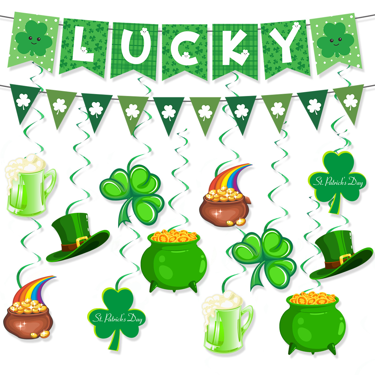 25 Irish Festival Happy Clover Letter Flag Lucky Grass Flower Spiral Hanging LUCKY Banner