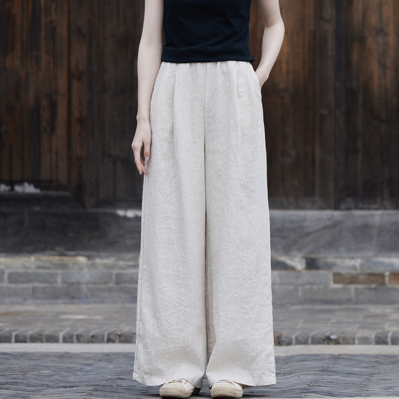 Cotton and Linen Wide-Leg Pants 26 Summer New Style Artistic Casual Wide-Leg Pants Women's Loose Sand-Washed Thin Linen Long Pants