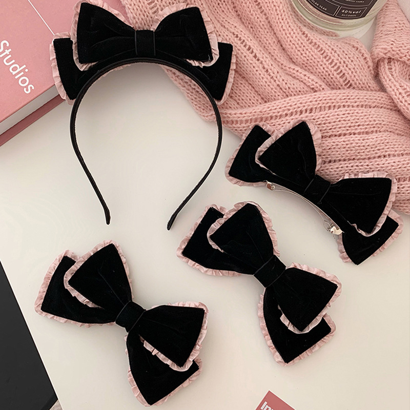 Winter Black Pink double-layer handmade three-dimensional bow headdress hairpin sense velvet top clip headband niche hair accessories wholesale