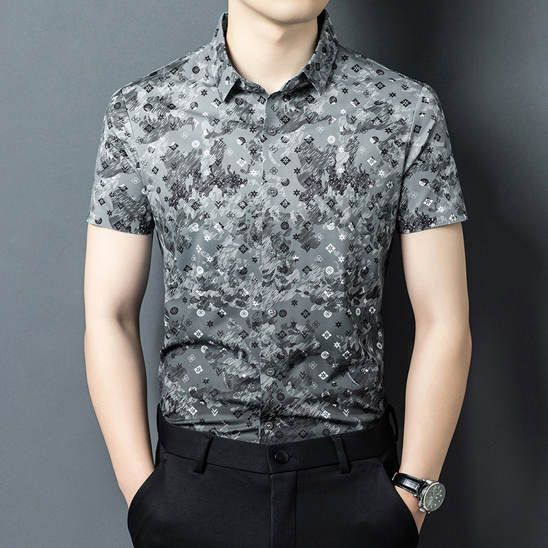 Printed Men's Short-Sleeved Shirt 2026 Summer New Style Middle-Aged Business Casual Thin Ice Silk Korean Style Shirt T-Shirt