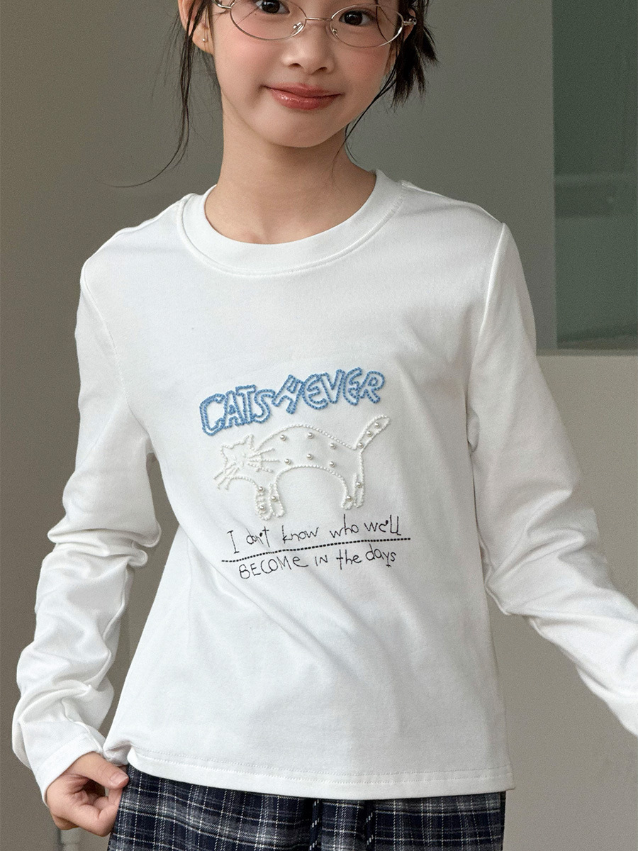 Cute Letter Cat Embroider Korean Design 2025 Autum New Round Neck Right Shoulder Slim Long-Sleeved T-Shirt