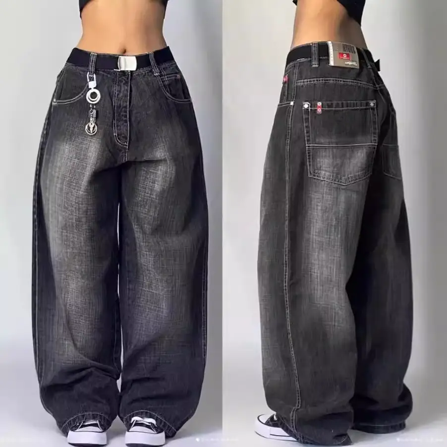 Black Grey Denim Wide Leg Pants Jazz Dance Pants American-style High Waist Retro Old Ins Niche Design Sense