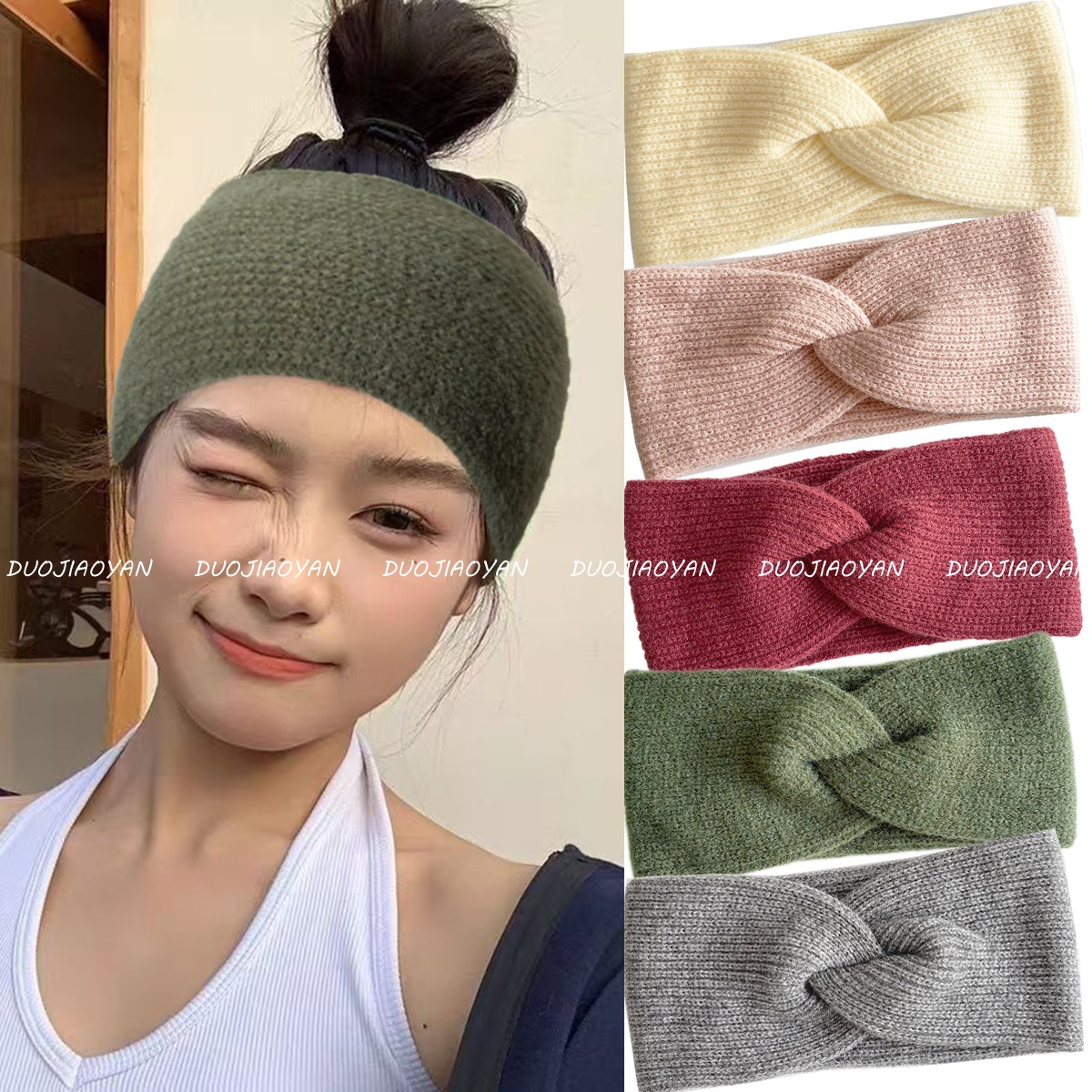Trendy Fashion Autumn and Winter Double-Layer Wool Headband Wide-Brimmed Sports Cold-Proof Headwear Warm Knitted Cross Headscarf in Stock