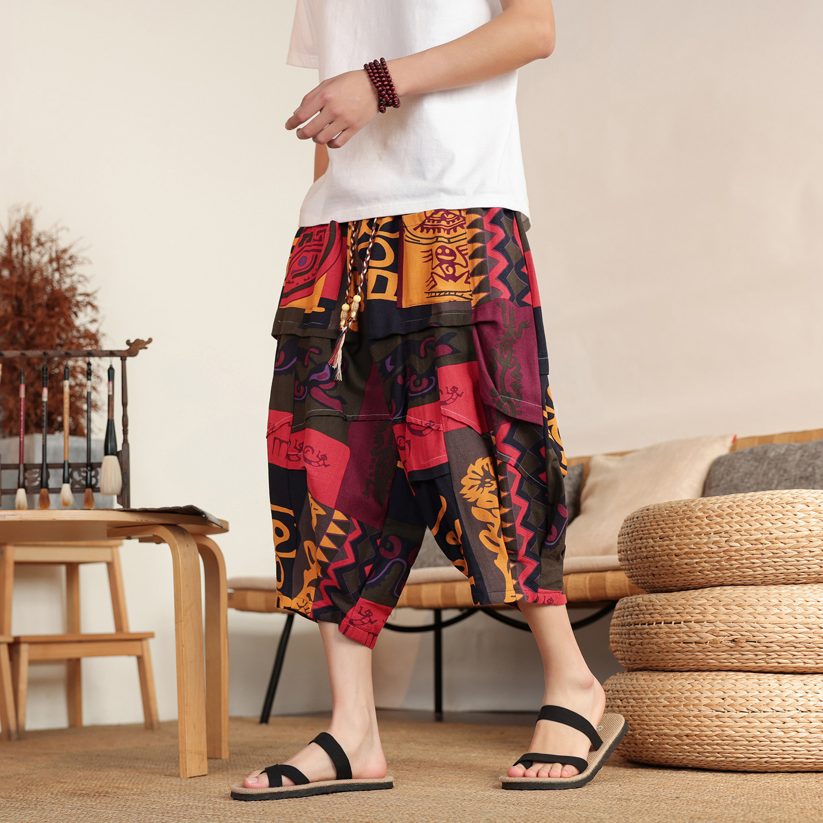 Summer Thai Floral Pants for Men, Chinese Style Cotton and Linen Cropped Pants, Large Size Loose Wide-Leg Beach Pants, Linen Shorts