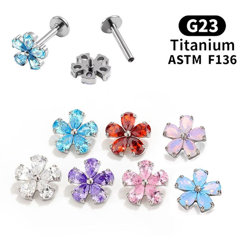 F136 Titanium Alloy Flower-Shaped Ear Studs, Ear Cartilage Studs, Flat-Bottomed Internal Spiral Ear Piercing Accessories for Women