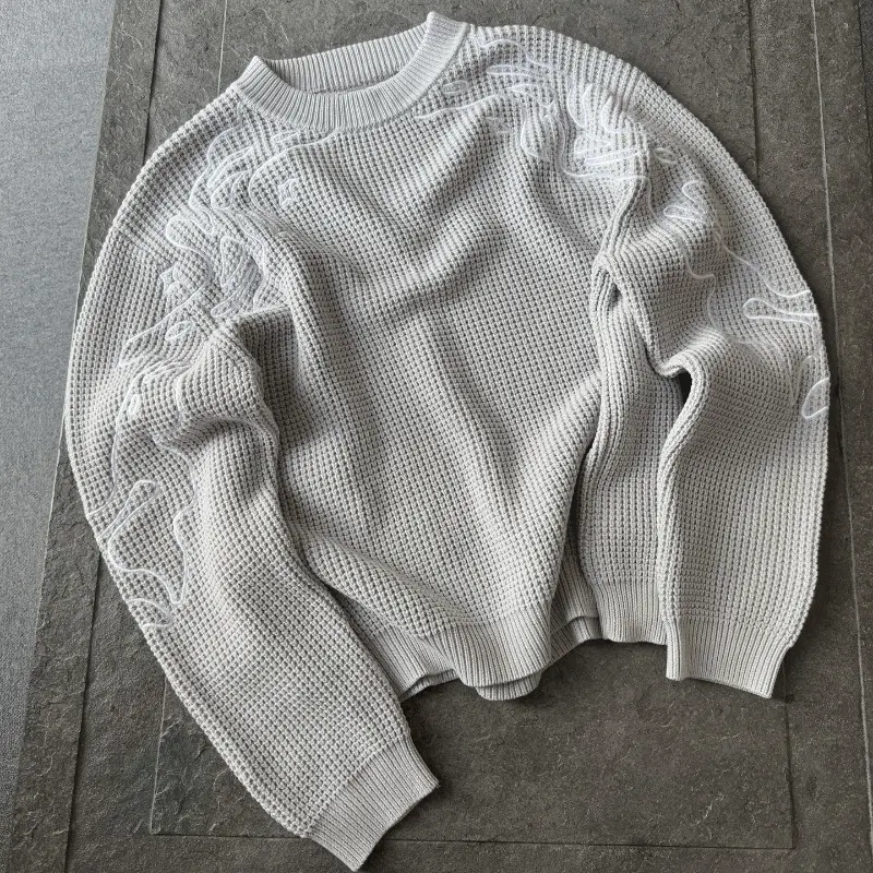 European and American Y2K Retro Trendyy Knitted Sweater 2025 Autum New Light Gray Embroidered Round Neck Pullover Top