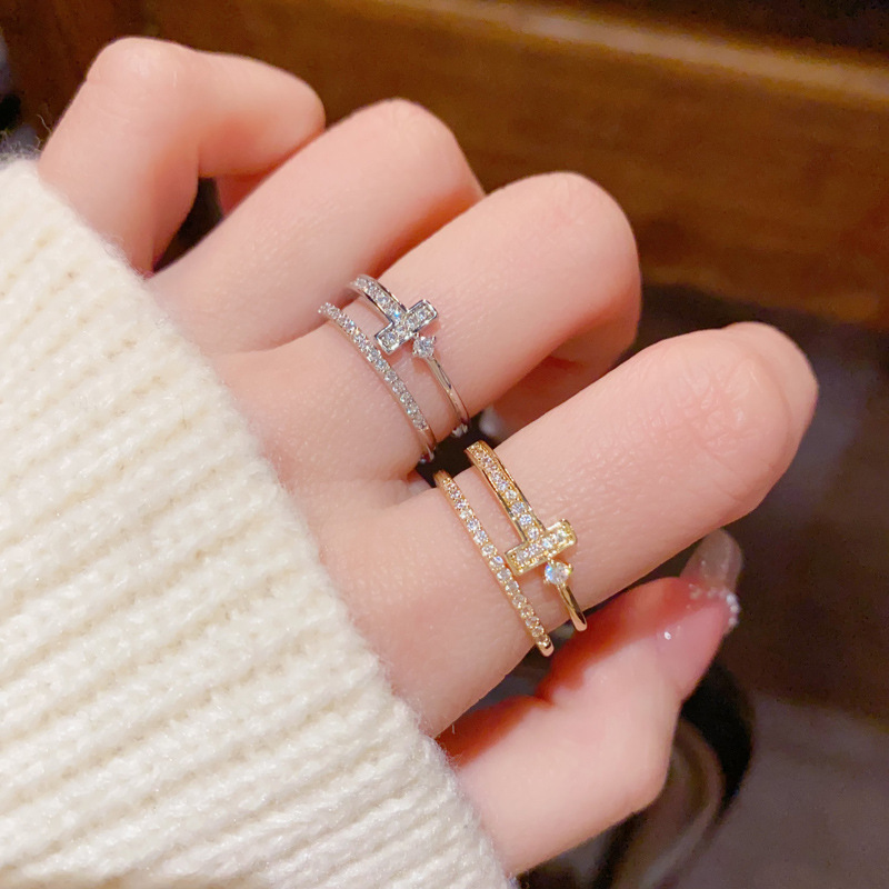 Korean and Japanese Style Exquisite Fashion Versatile Full Diamond t Letter Double-Layer Open Ring, Personalized Light Luxury High-End Super Shiny Index Finger Ring