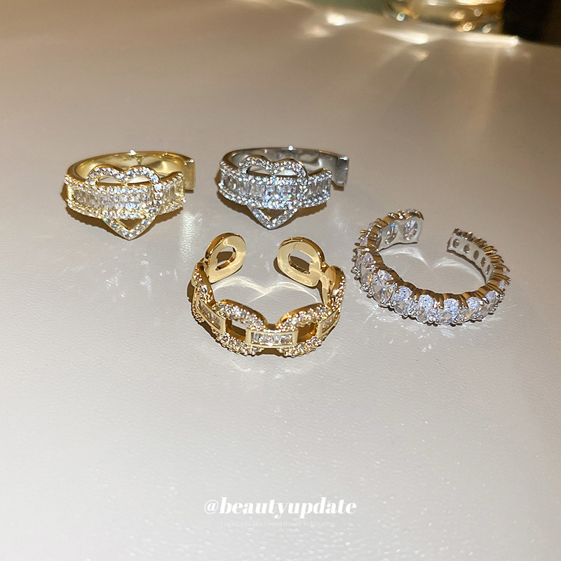 Real Gold Electroplated Zircon Heart Chain Open Ring Dongdaemun Fashion Design Index Finger Ring Versatile Hand Jewelry for Women