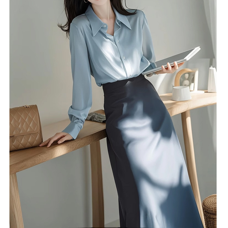 Korean style wear a set of spring and autumn blue shirt top high waist skirt French capable temperament two-piece suit
