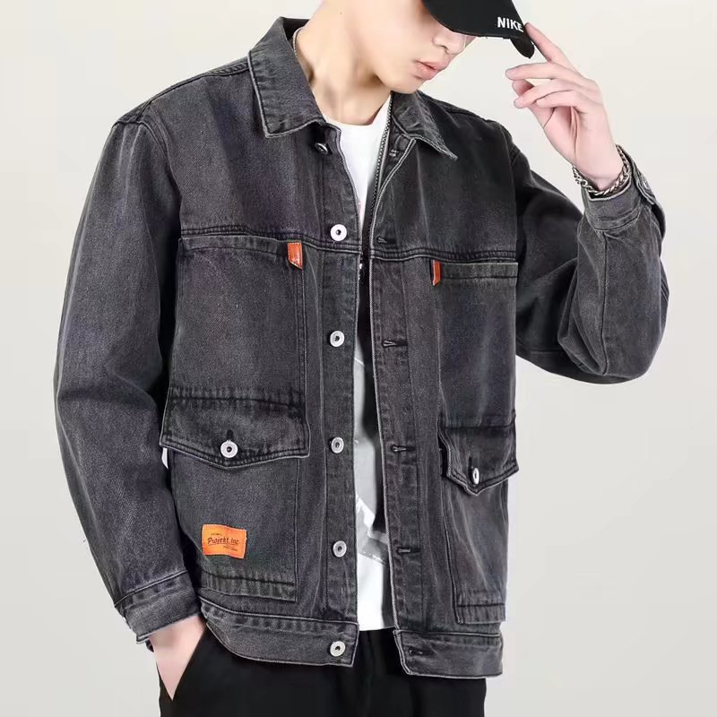 Men's High Street Fashionable Denim Design American Style Spring and Autumn Ruffian Handsome Fashionable Tooling Jacket Vibe Lapel Jacket Vintage