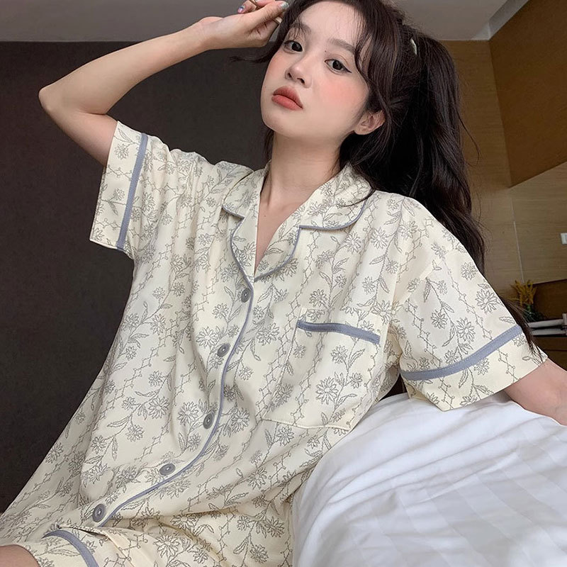 Retro Palace Style Summer Pajamas for Women Korean Floral Home Clothes Women's Elegant Cardigan Plus Size Short-Sleeved Suit