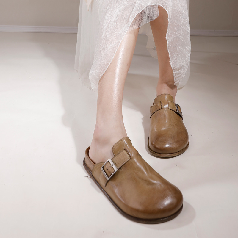 Washed cowhide leather shoes women's retro 2024 spring and summer new comfortable closed toe flat outdoor sandals shoes