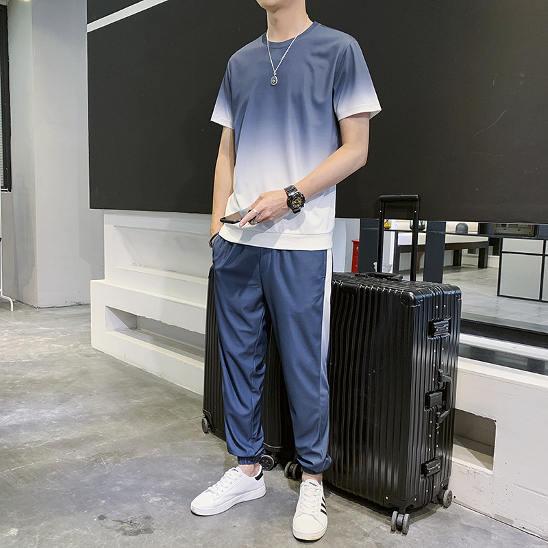 New Spring and Autumn Gradual Color Crewneck Clothes Men's Short-sleeved T-shirt Summer Pants Casual Two-piece Suit Men's Top