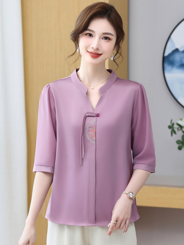 High-End Silk Satin T-Shirt for Women, Summer New Style for Middle-Aged Women, Silky and Drapey Short-Sleeve Top for Women