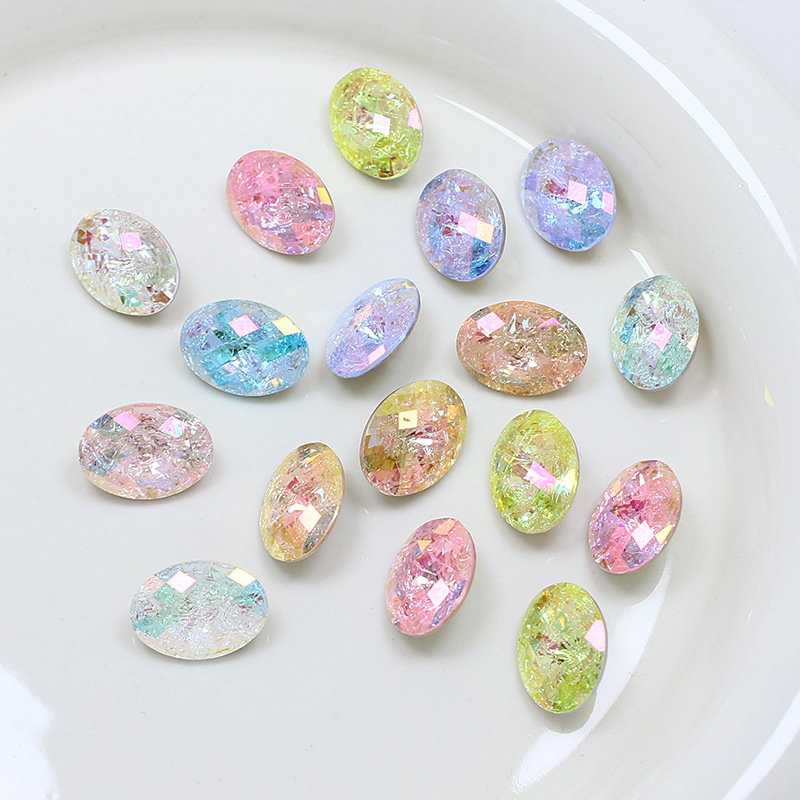 Dongzhou Crystal Fireworks Cut Pigeon Egg Ice Flower Nail Art Drill High Quality K9 Oval Crushed Ice Ice Pointed Bottom Drill Nail Decoration