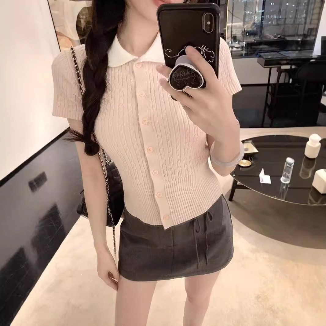 Pink Slim-fit Short-sleeved T-shirt All-match Spring Top Women's Small Elegant Short Polo Doll Collar Sweater