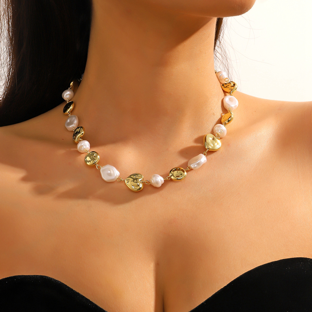 Exclusive Gold Heart-shaped Acrylic CCB Love Necklace Bracelet Earrings Set Imitation Pearl Beaded Necklace