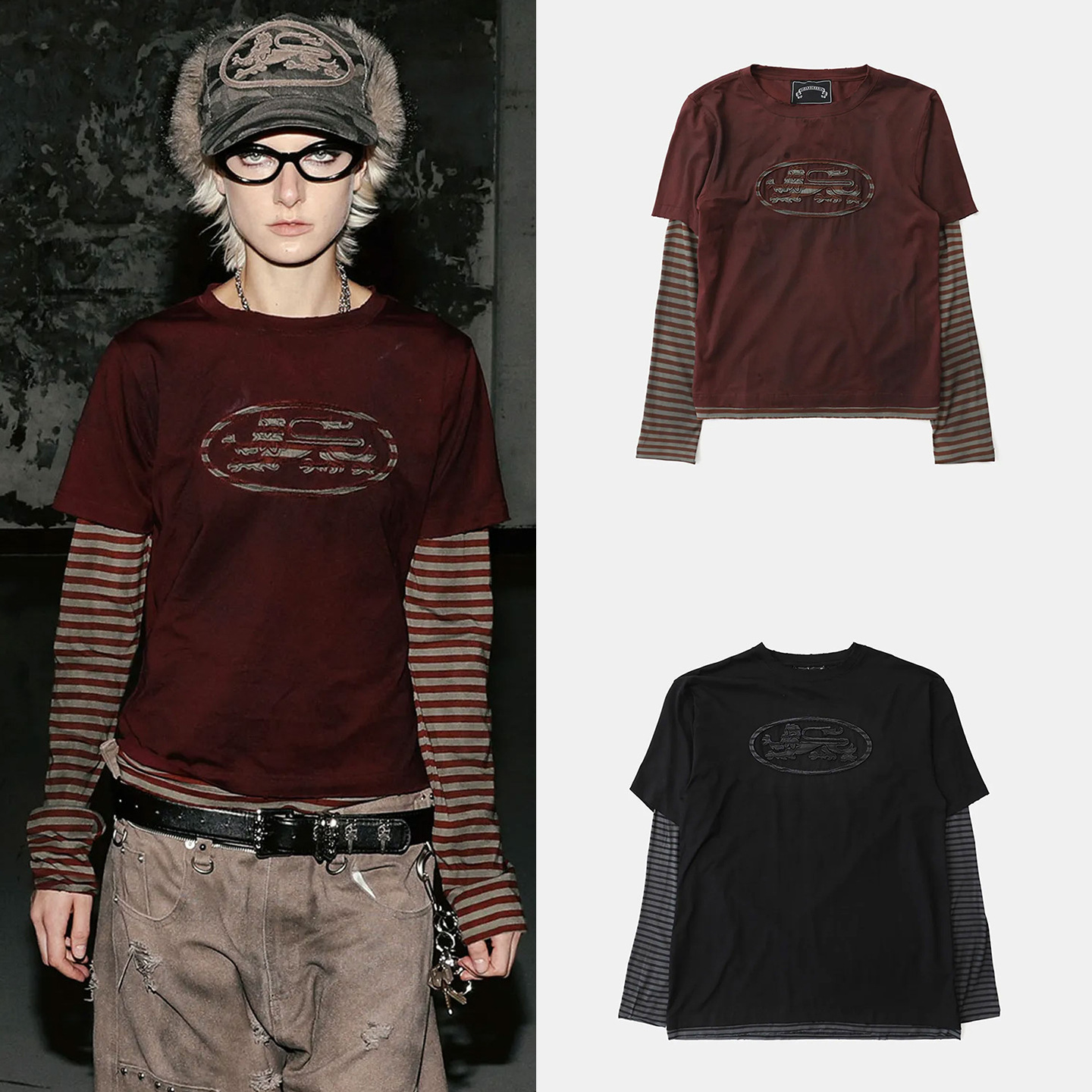 Badblood Bcac Series American Retro Loose-Fitting Fake Two-Piece Long-Sleeved T-Shirt Women's Stripesd Patchwork Embroidered Top