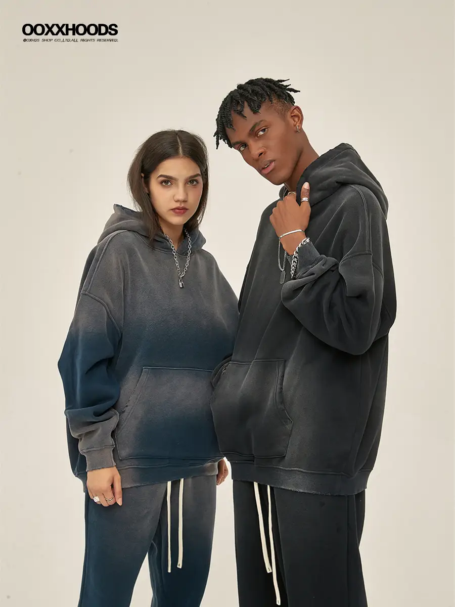 Autumn and Winter American-Style Heavy Distressed Loose Sweatshirt, Vintage Hip-Hop Gradient Unisex Trendy Oversize Hooded Jacket