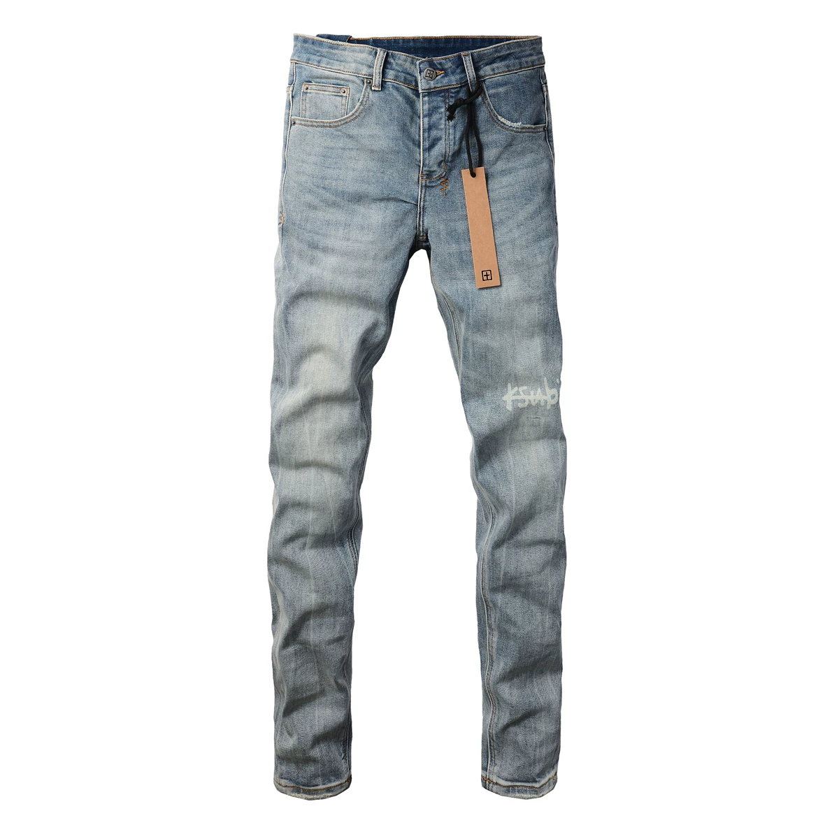 KSUBI JEANS American fashion brand new light colored distressed washed logo printed elastic slim fit jeans for men