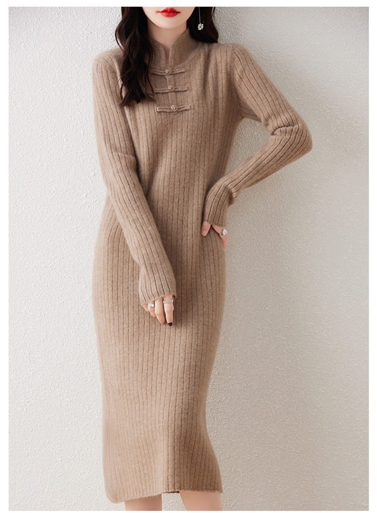 Autumn and Winter Knitted Sweater Dress for Women, Mid-Length Retro Buckle Slimming Over-The-Knee Long-Sleeved Skirt
